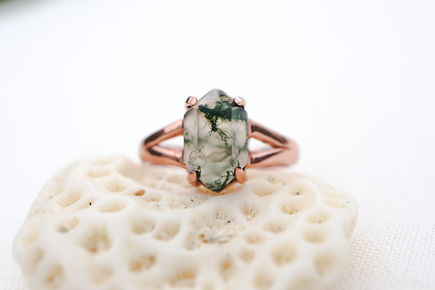 Simple, Handmade Moss Agate 925 Sterling Silver & Rose Gold Ring