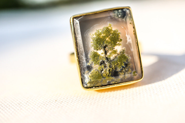 Framed Moss Agate 925 Sterling Silver & 14ct Gold Ring