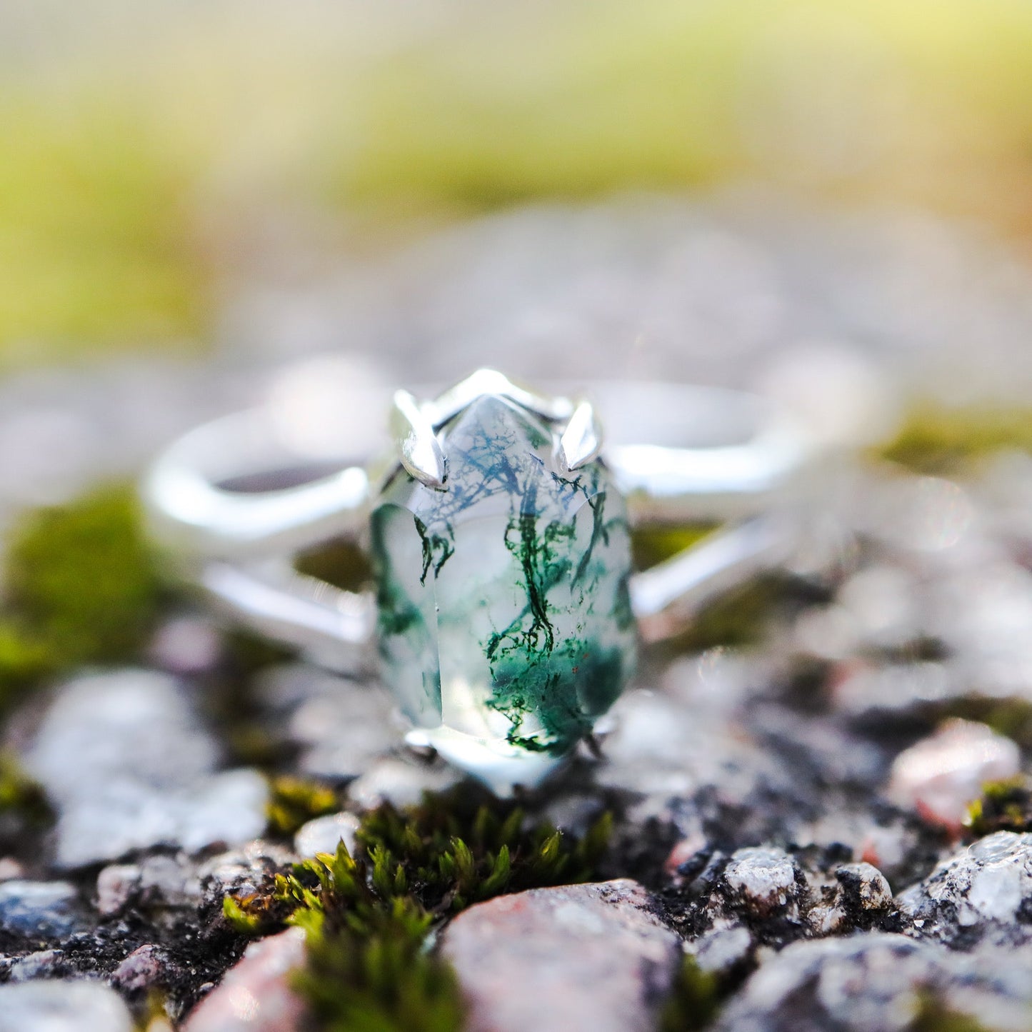 Simple, Handmade Moss Agate 925 Sterling Silver Ring