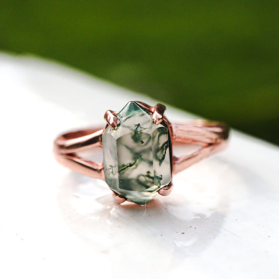 Simple, Handmade Moss Agate 925 Sterling Silver & Rose Gold Ring