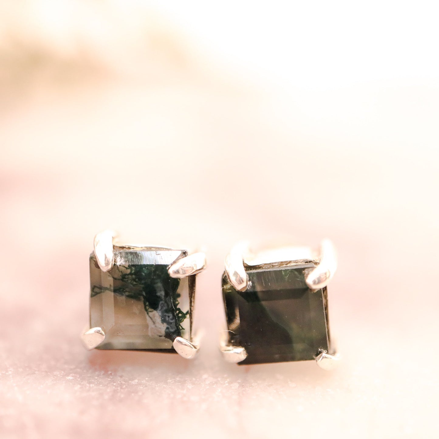 Simple and unique handmade moss agate stud earrings in 925 sterling silver.