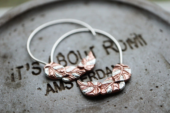 Handmade Philoldendron Pink Micans Hoop Earrings in Rose Gold & Stirling Silver