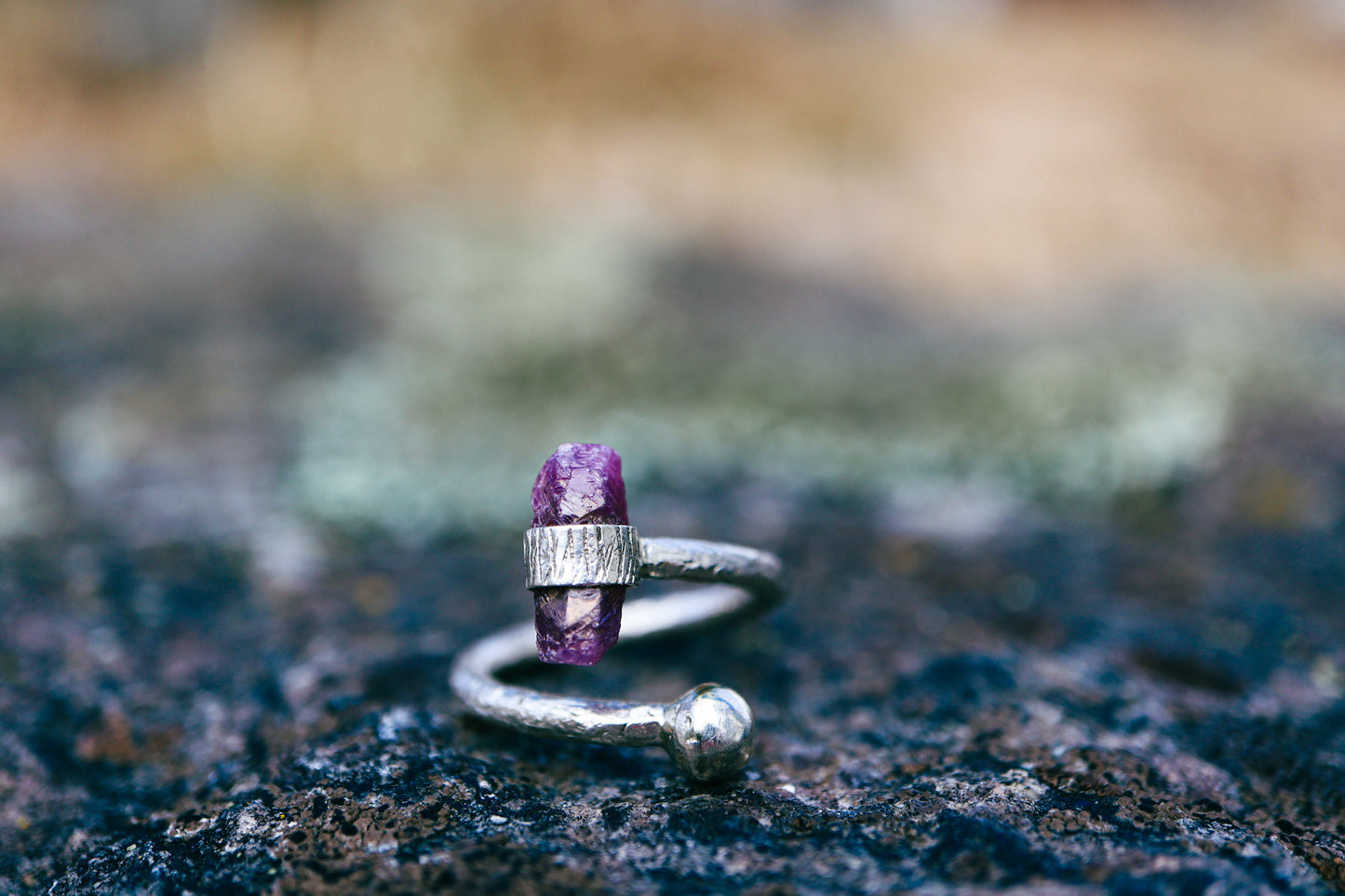 Natural, rough cut ruby adjustable ring in Sterling Silver