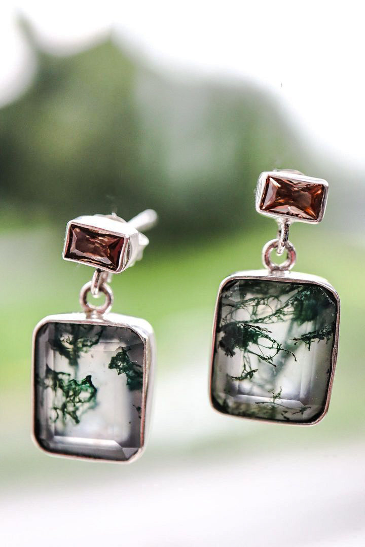 925 Silver Moss Agate and Citrine Drop Earrings