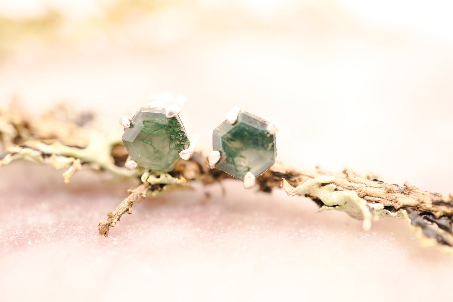 Simple and unique handmade moss agate stud earrings in 925 sterling silver.