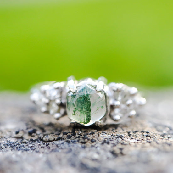 Moss Agate & Moissanite Ring in 925 Sterling Silver