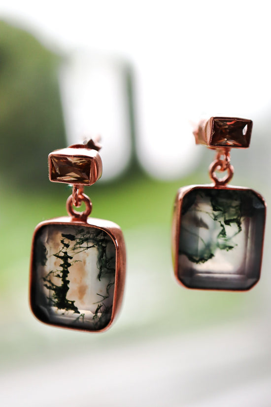 Moss Agate and Citrine Drop Earrings in Rose Gold
