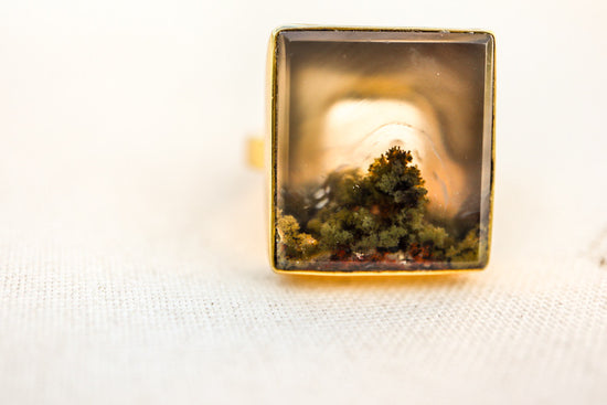 Framed Moss Agate 925 Sterling Silver & 14ct Gold Ring