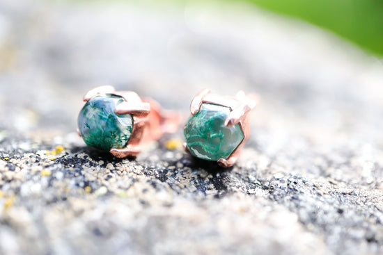 Simple and unique handmade moss agate stud earrings in rose gold & 925 sterling silver.