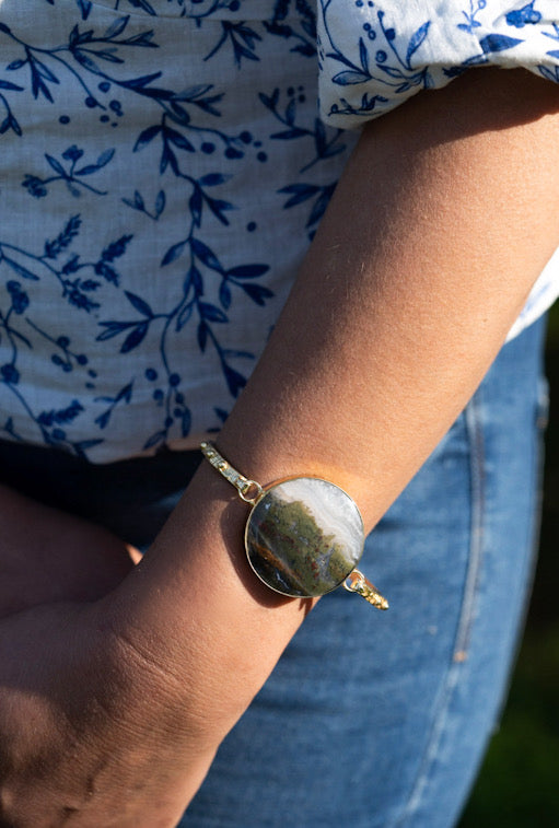 Moss Agate Bracelets in Sterling Silver & 14ct Gold.