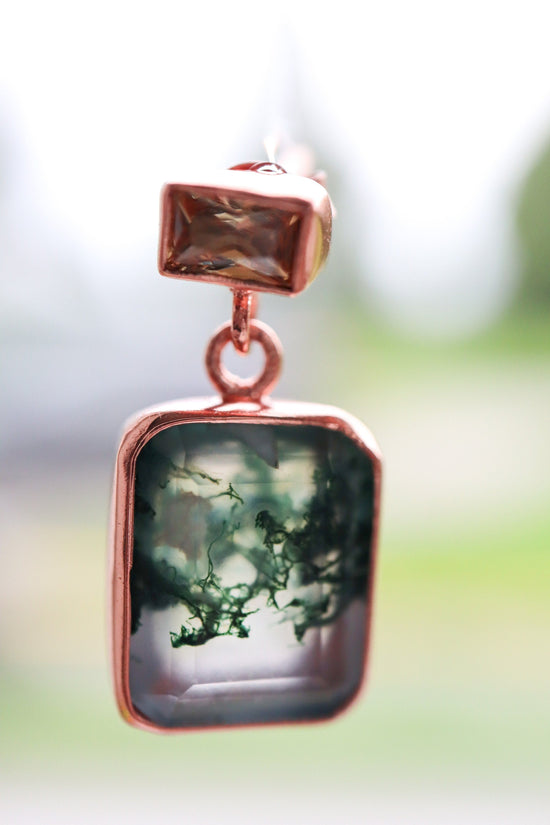 Silver & Rose Gold Moss Agate and Citrine Drop Earrings